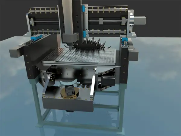 Assembly render — spindle, magazine and rotary axis